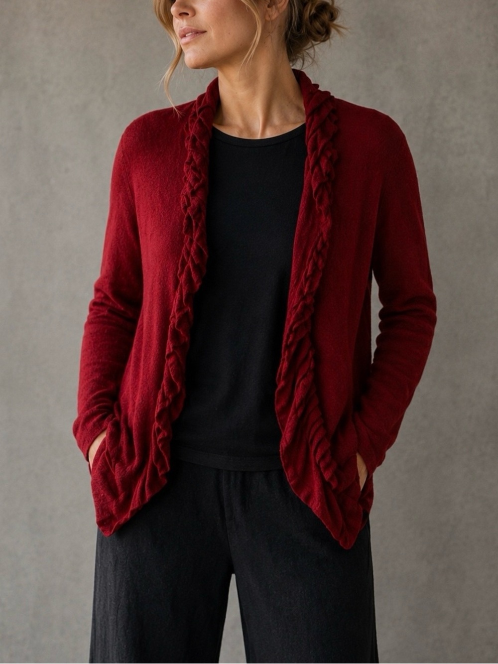 Eileen Fisher Linen Blend Open Front Cardigan Ruffle Red Size S Loose Knit Sheer